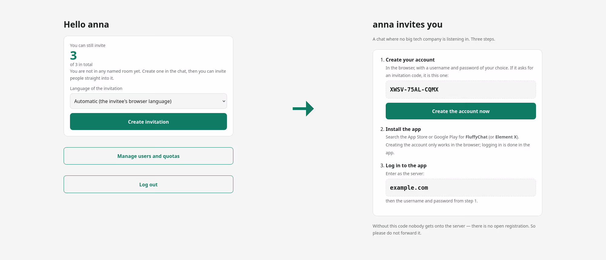 Screenshot of the invitation GUI in Humatrix