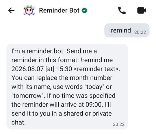 Starting a chat with the Reminder Bot
