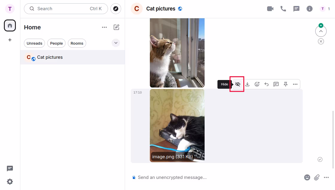Element Web, hovering over an image to show the pop-up menu. On this
    menu is an eye image that is highlighted. The tooltip says Hide.
